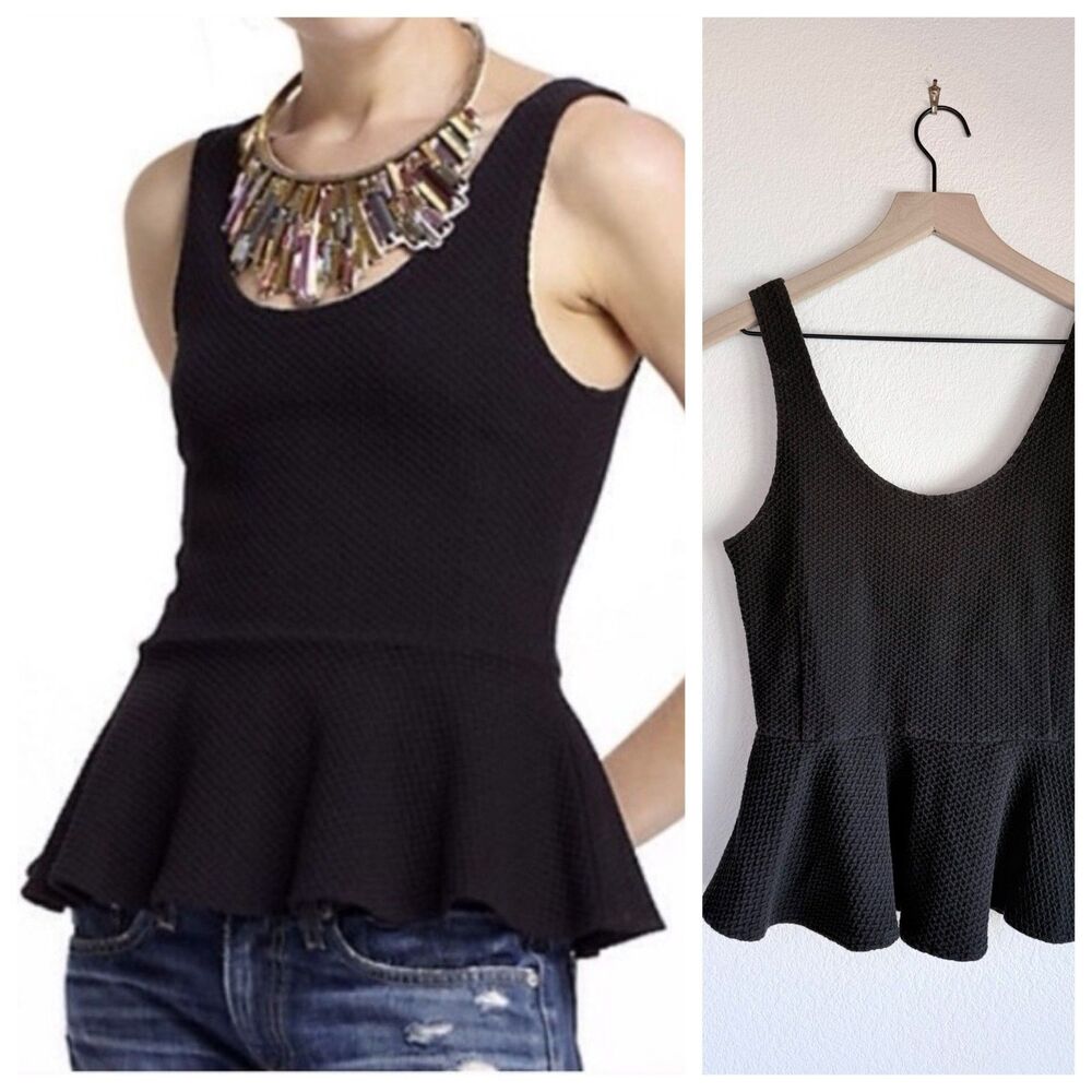 GANNI Anthropologie Textured Basketweave Peplum Scoop Tank Top Medium Black